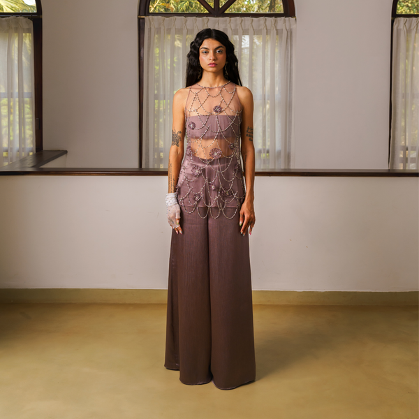 Short kurta top with hand embroidered tassels, bustier and flare pants 