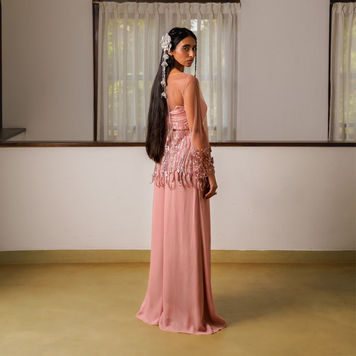 Short kurta top with sequin embroidery, bustier and flare pants 