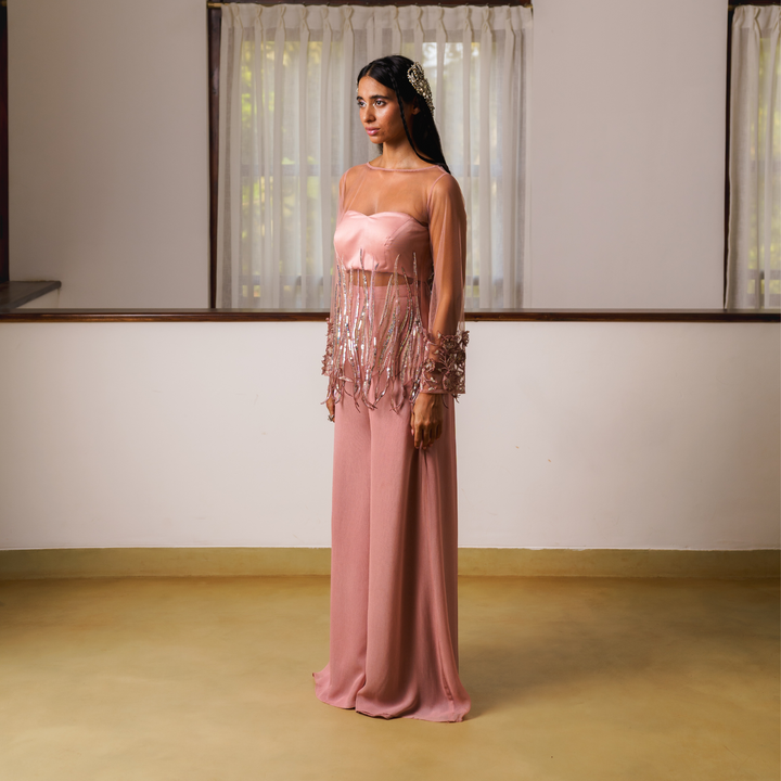 Short kurta top with sequin embroidery, bustier and flare pants 