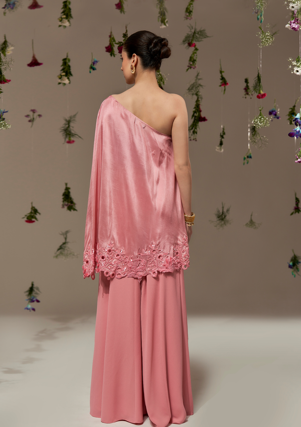 One shoulder short and long kaftan top with detailed cutwork at the hem and Palazzos