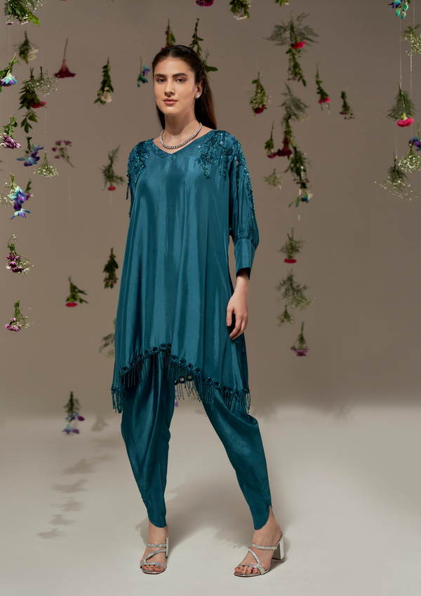 Halter neck gathered kurta with cheetah and motifs and embroidered pants