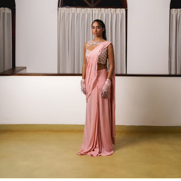 Pre-draped saree and embroidered cut-out blouse 