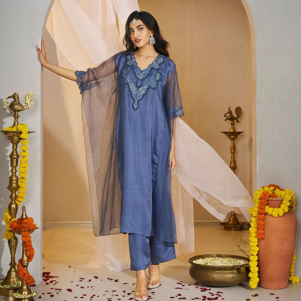 Mahabhaga -<br>Linen-satin kaftan kurta with sheer organza sleeves and an embroidered neckline in threadwork and beads, paired with a bustier and matching pants