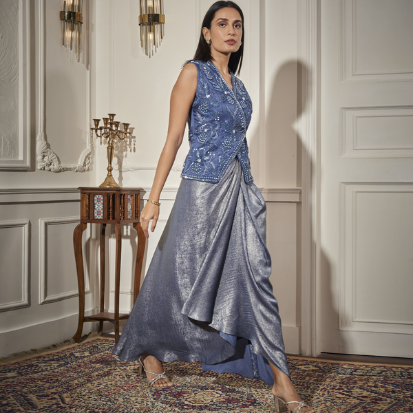 Draped Skirt with long embroidered Waistcoat