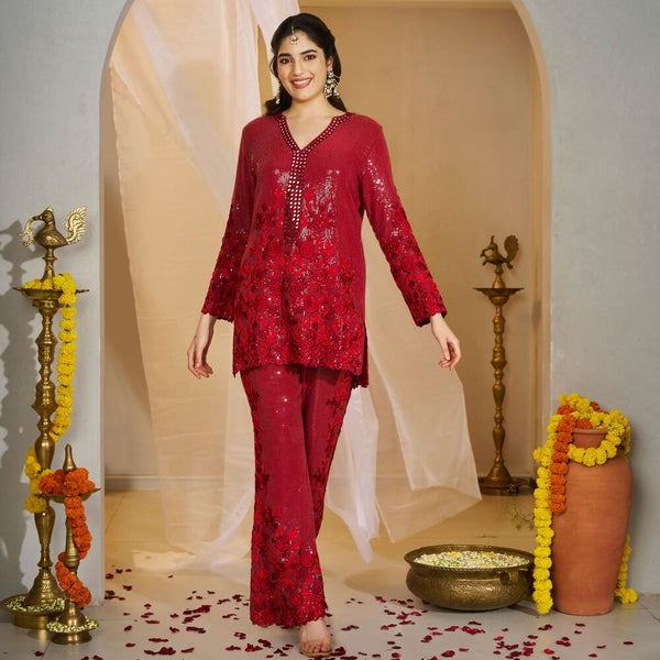 Moksha - <br>Sequin georgette tunic with thread and mirrorwork embroidery, paired with matching embroidered pants