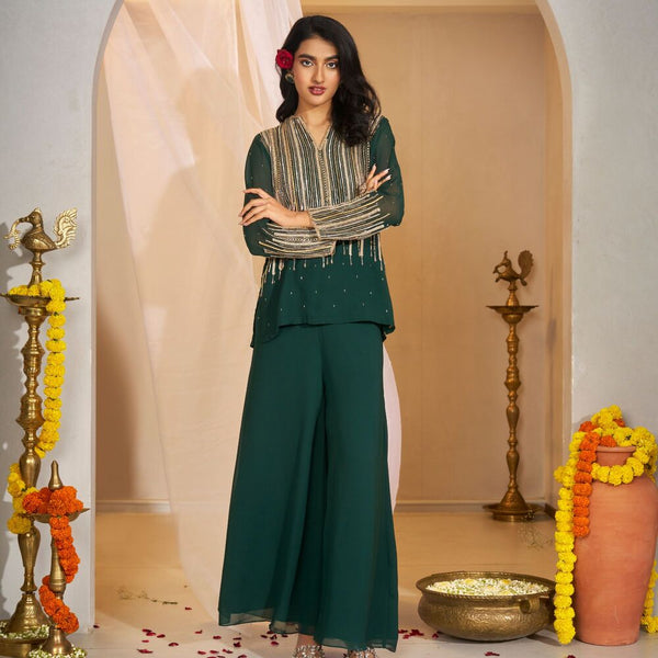 Alaknanda -<br>Georgette tunic with linear chain embellishments, paired with matching pants