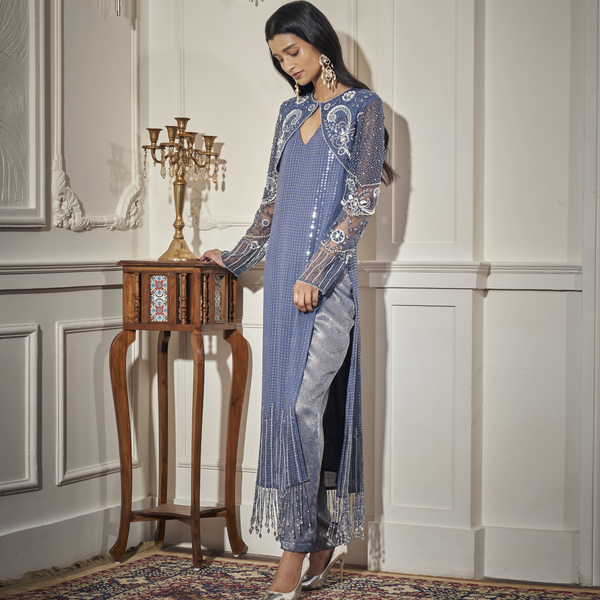 Long Kurta with tassels, embroidered Cape and straight Pants