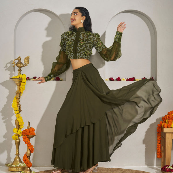 Tripathaga -<br>Organza blouse with puff sleeves and 3D wildflower embroidery, paired with a double-layered draped georgette skirt and a detachable georgette pallu