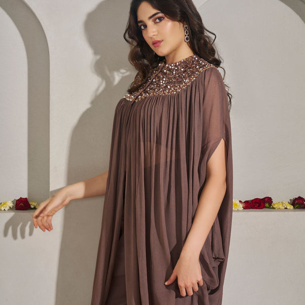 Haripriya - <br>Georgette cowl tunic with an attached cutwork beaded bib, paired with a georgette bustier and matching pants