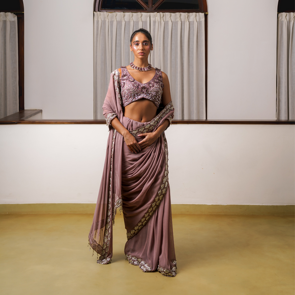Hand embroidered saree with heavy border and embroidered lotus blouse 
